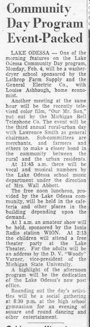 Jan 1957 article Lake Theatre, Lake Odessa